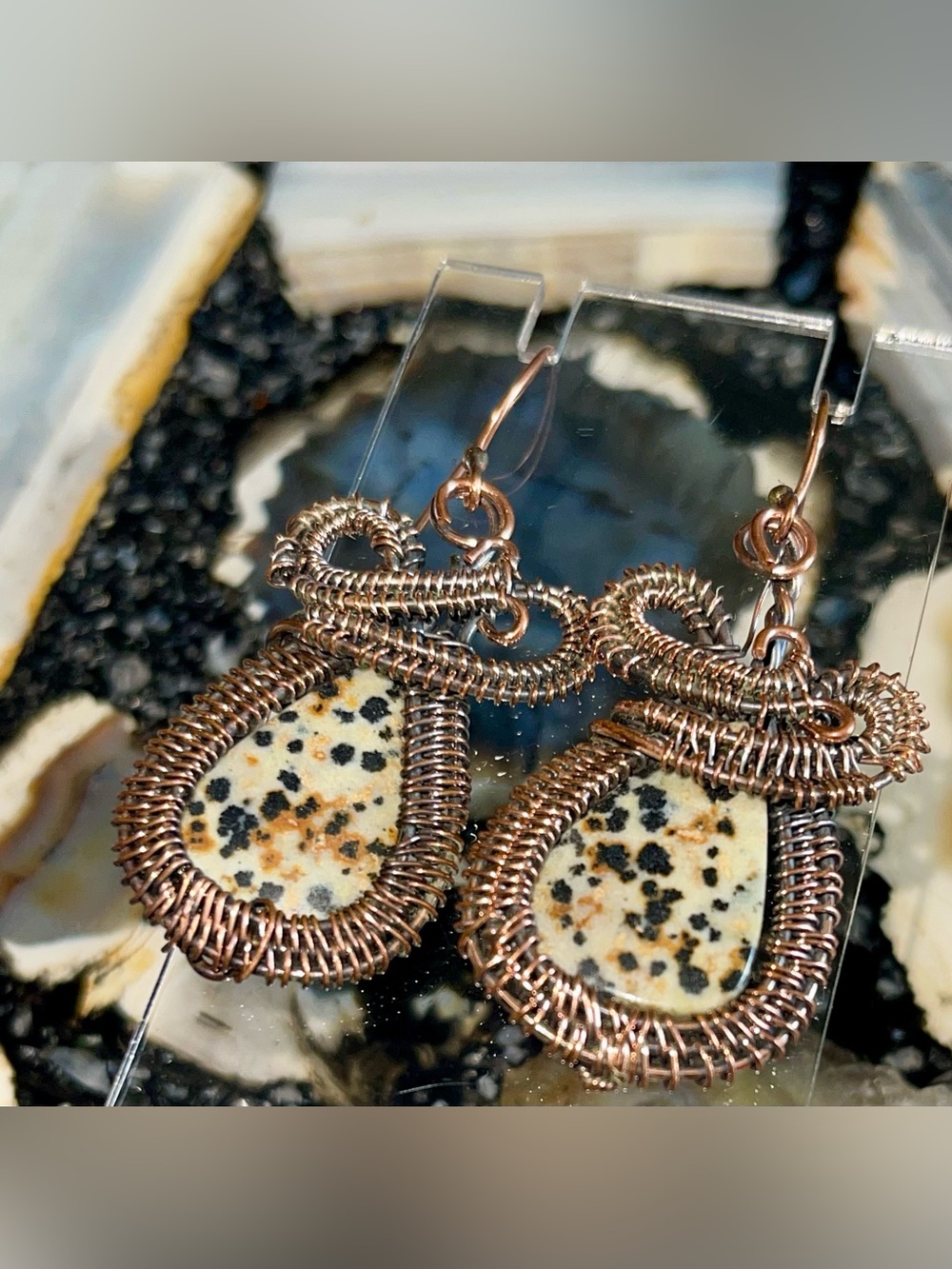 Copperwire Wrapped Dalmatian Jasper Stone Earrings 2 1/2”